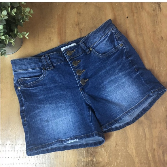 Wild Blue Jean Shorts Dark Distressed Button Fly - Picture 1 of 9